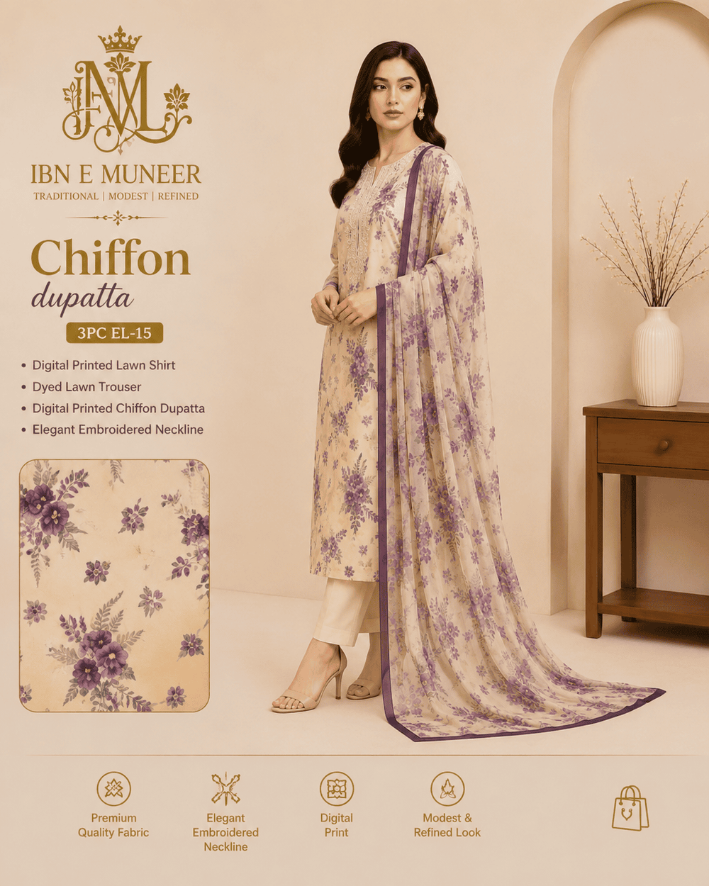 Effortless Kurti Chiffon Dupatta 3PC EL-15 Stitched