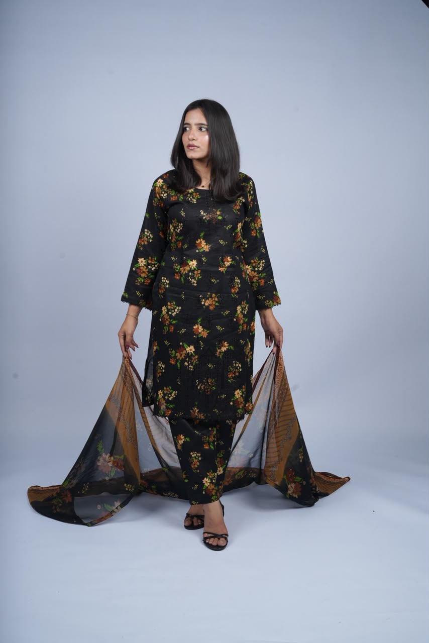 Elegant Classic Brown Kurti Chiffon Dupatta 3PC EL-30 Stitched