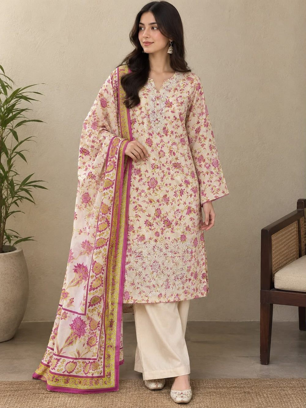 Pastel Flora Embroidered Kurti Lawn Dupatta 3PC EL-1 Unstitched