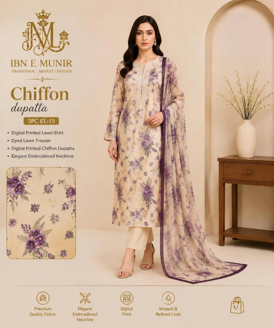 Effortless Kurti Chiffon Dupatta 3PC EL-15 Stitched