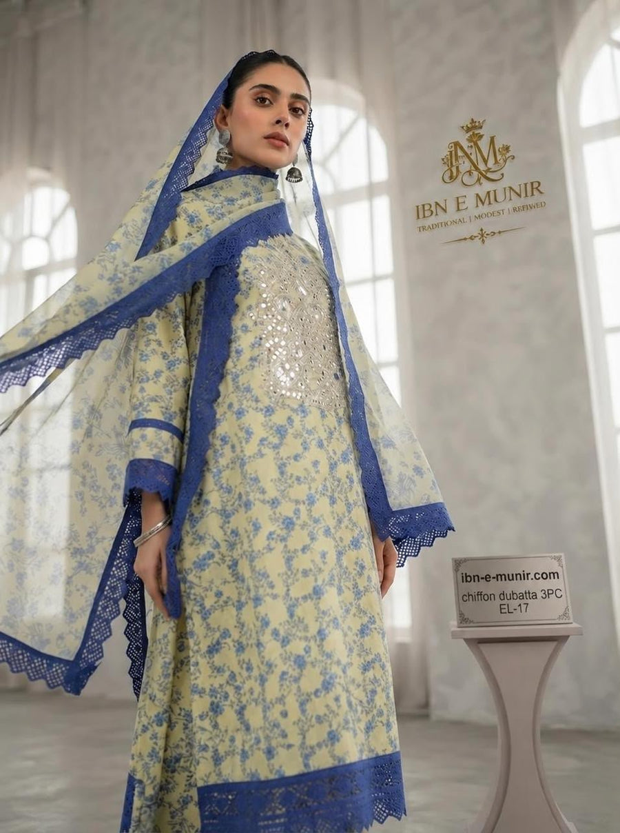 Graceful Floral Kurti Chiffon Dupatta 3PC EL-17 Unstitched