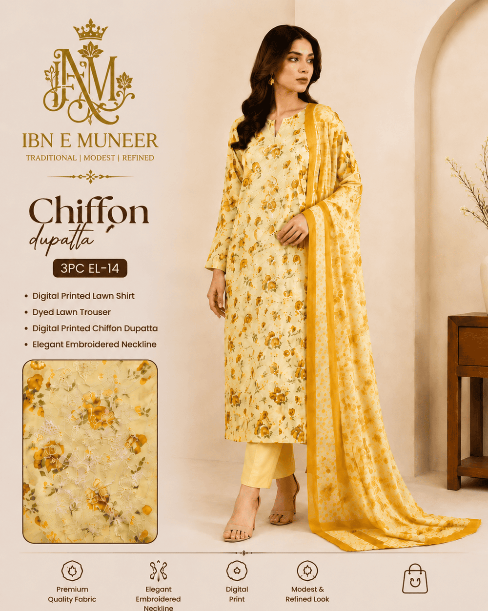 Sunlit Grace Chiffon Dupatta 3PC EL-14 Stitched