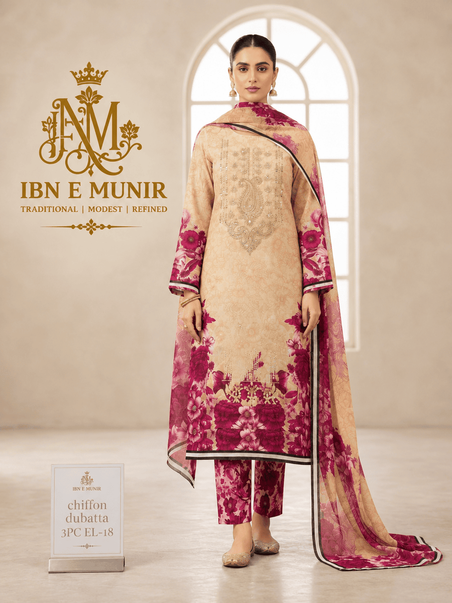 Floral Charm Kurti Chiffon Dupatta 3PC EL-18 Unstitched