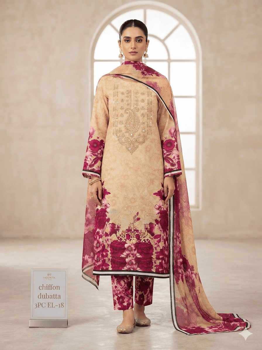 Floral Charm Kurti Chiffon Dupatta 3PC EL-18 Stitched