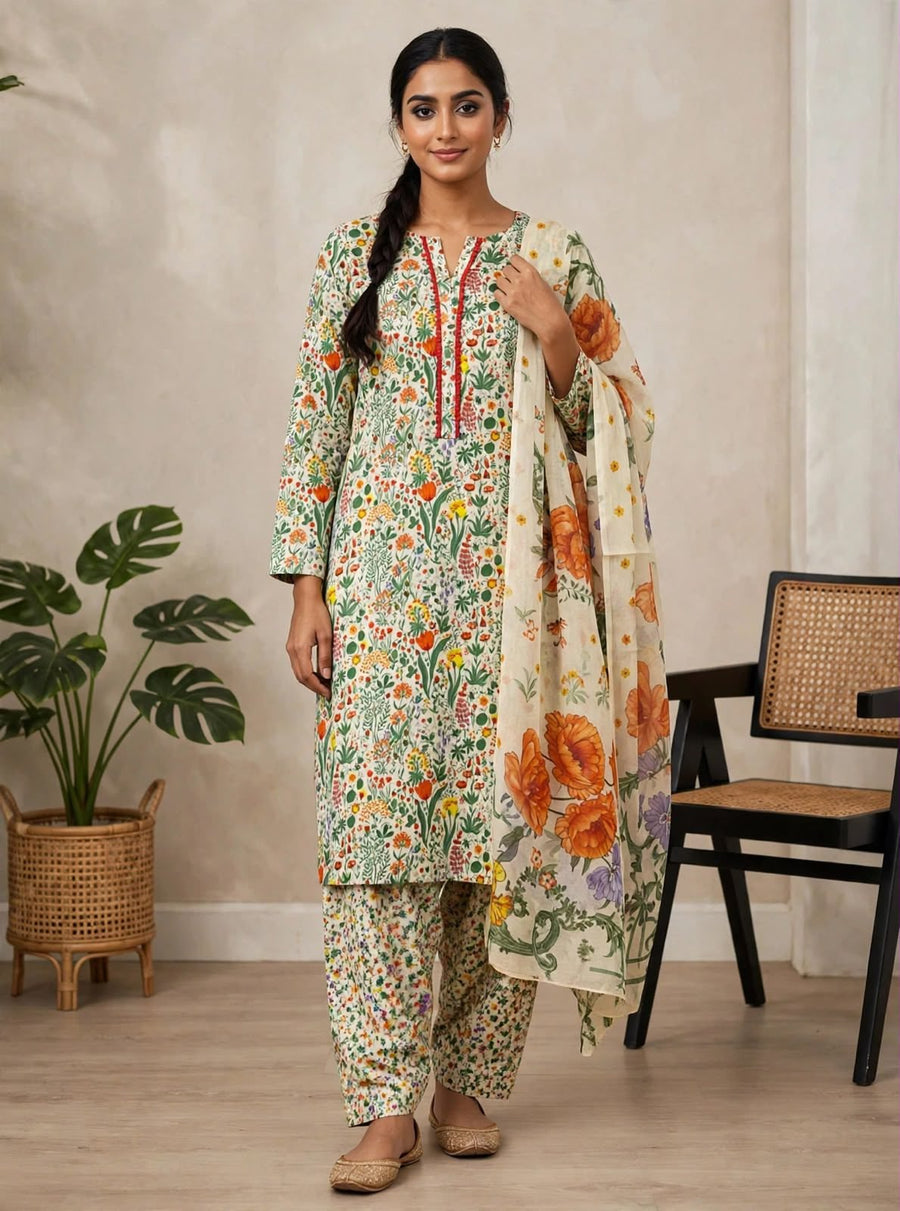 Meadow Print Lawn kurti 3 PC Unstitched EL-28 with Chiffon Dupatta