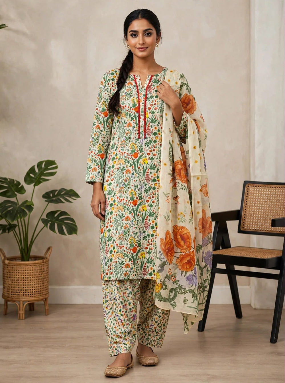 Meadow Print Lawn kurti 3 PC Stitched EL-28 with Chiffon Dupatta
