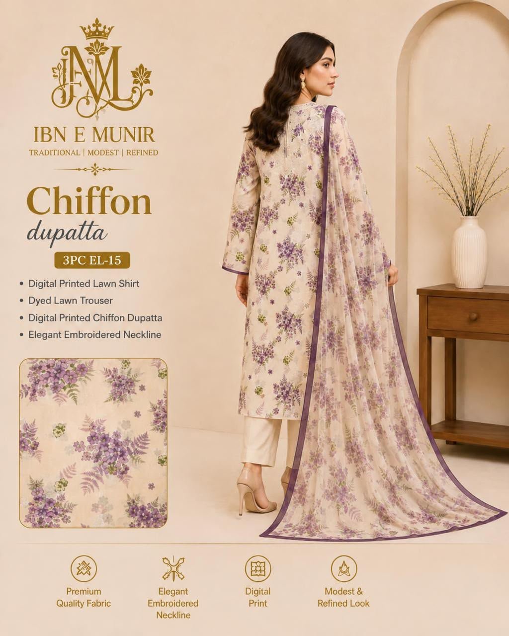Effortless Kurti Chiffon Dupatta 3PC EL-15 Stitched - Image 2