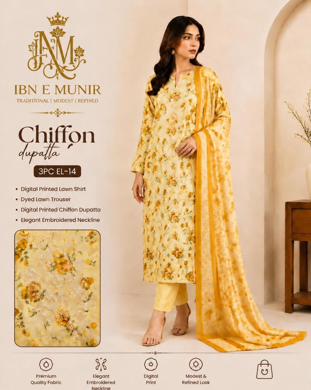 Sunlit Grace Chiffon Dupatta 3PC EL-14 Stitched