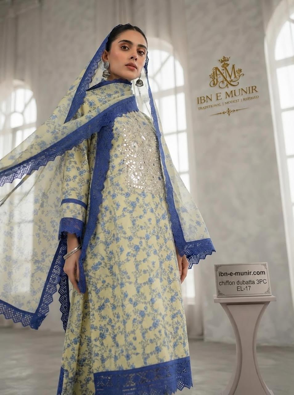 Graceful Floral Kurti Chiffon Dupatta 3PC EL-17 Stitched