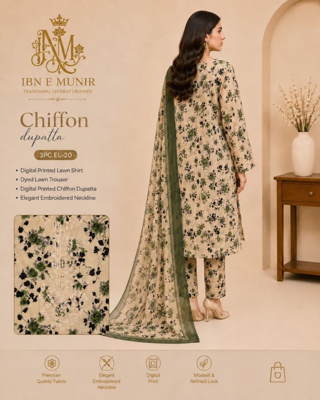 The Essential Kurti Chiffon Dupatta 3PC EL-20 Stitched - Image 2