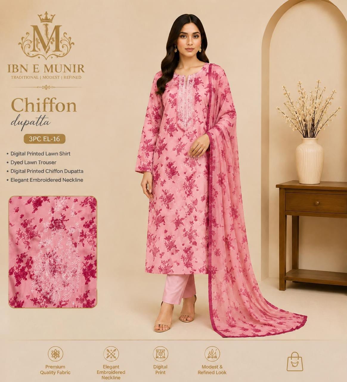 Soft Bloom Kurti Chiffon Dupatta 3PC EL-16 Unstitched