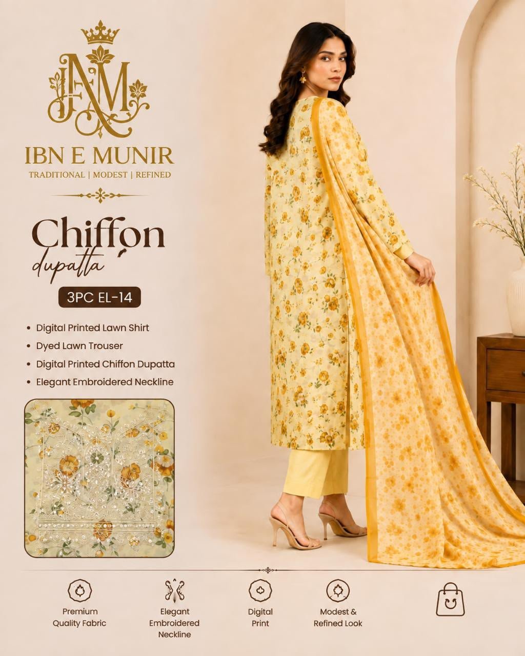 Sunlit Grace Chiffon Dupatta 3PC EL-14 Stitched - Image 2
