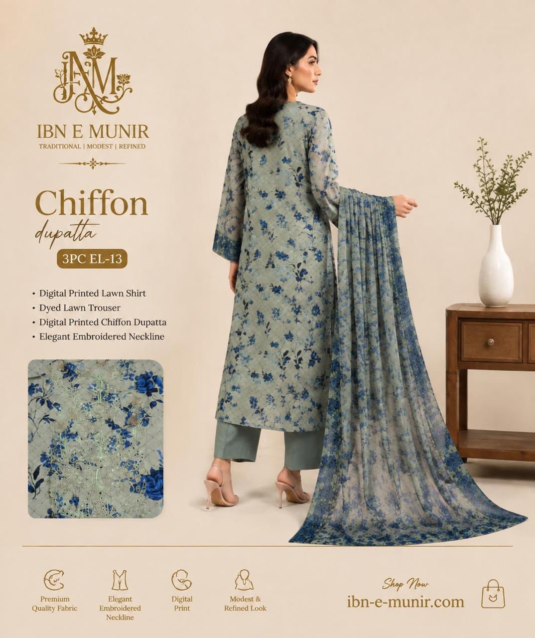 Blue Blossom Chiffon Dupatta 3PC EL-13 Unstitched - Image 2