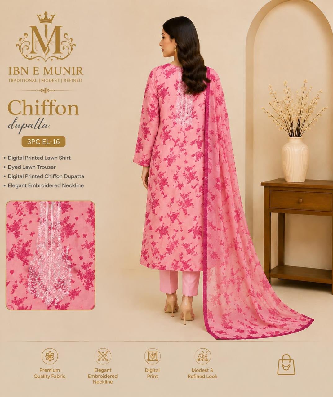 Soft Bloom Kurti Chiffon Dupatta 3PC EL-16 Unstitched - Image 2