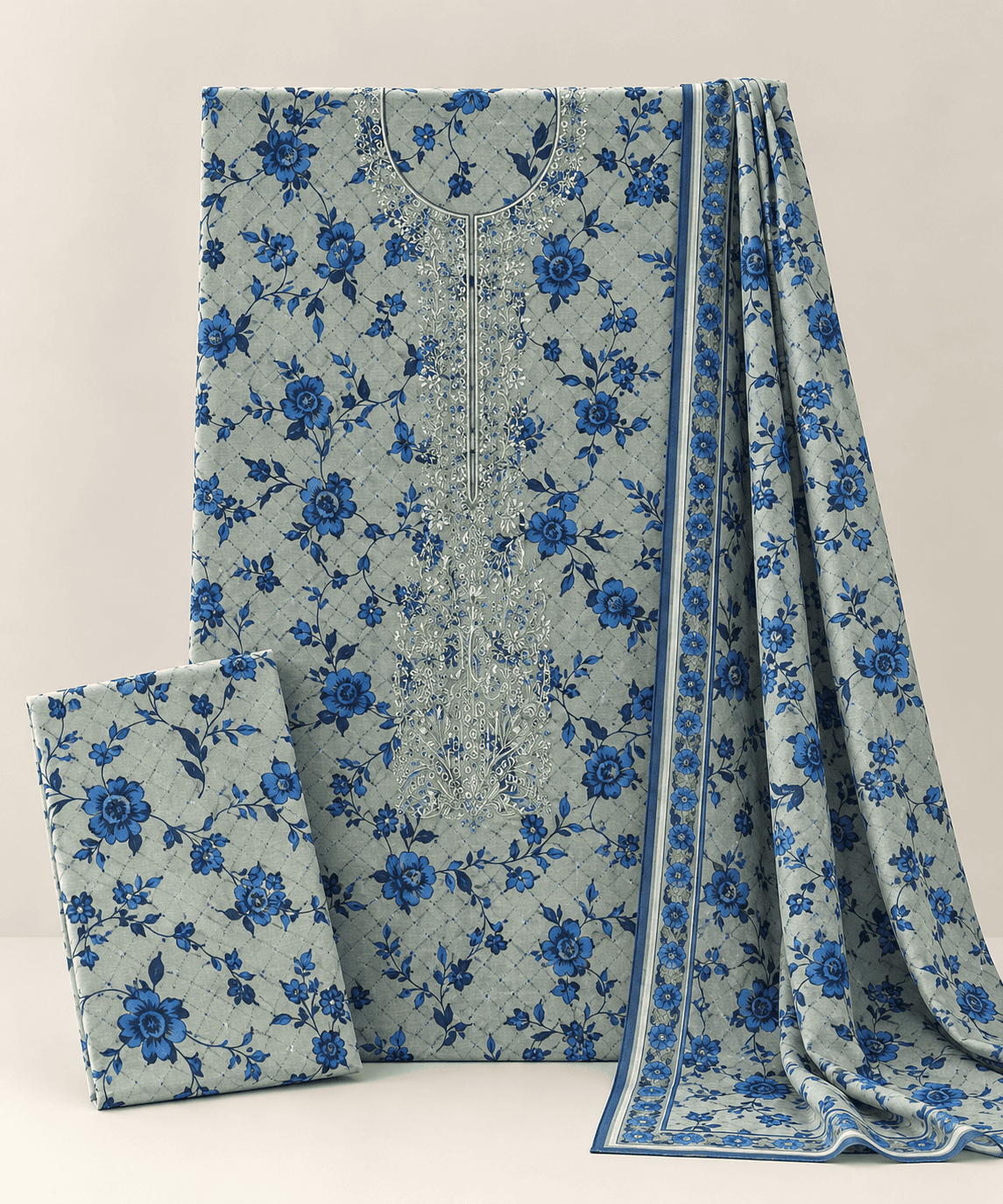 Blue Blossom Chiffon Dupatta 3PC EL-13 Unstitched - Image 3