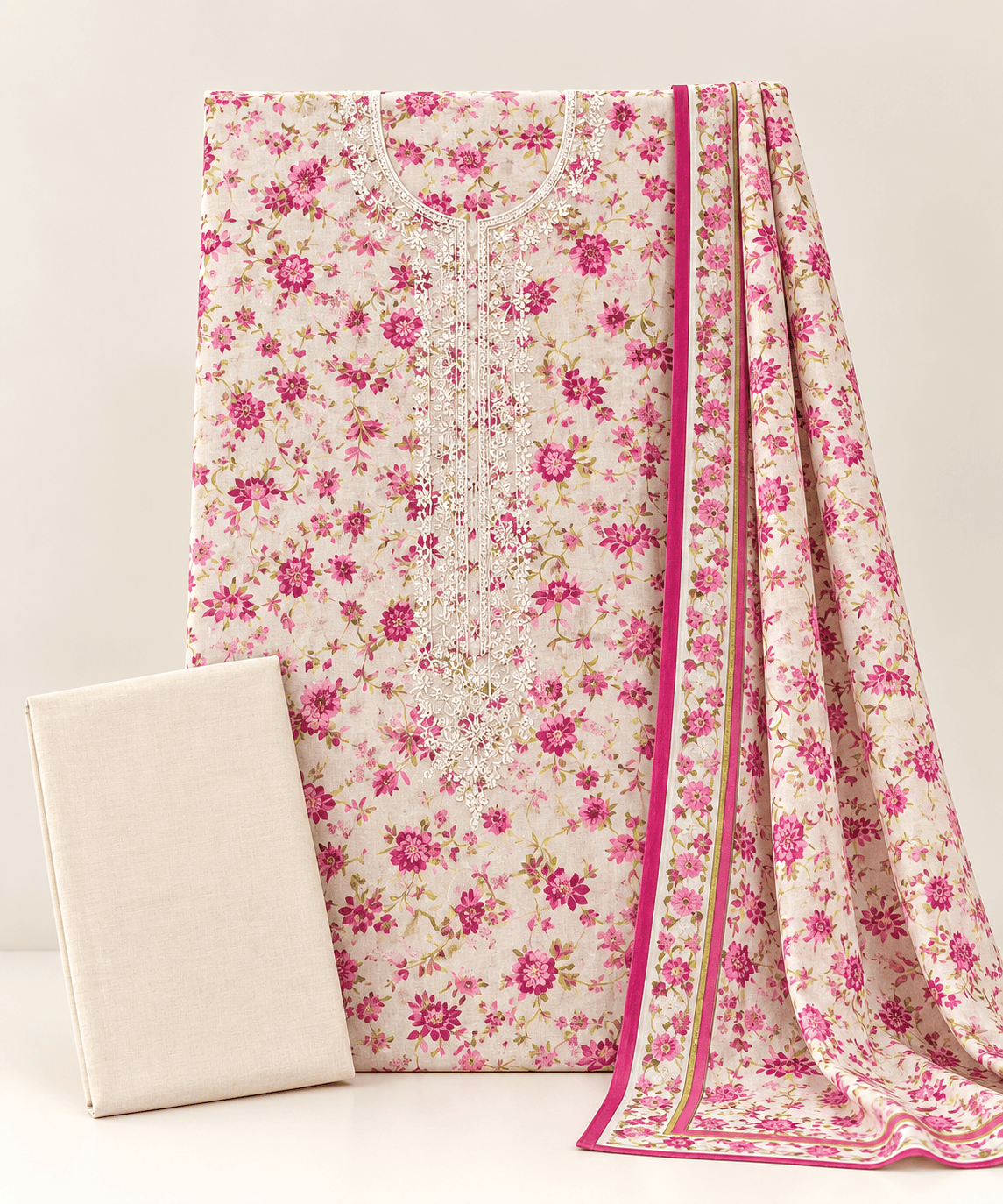 Pastel Flora Embroidered Kurti Lawn Dupatta 3PC EL-1 Unstitched - Image 4