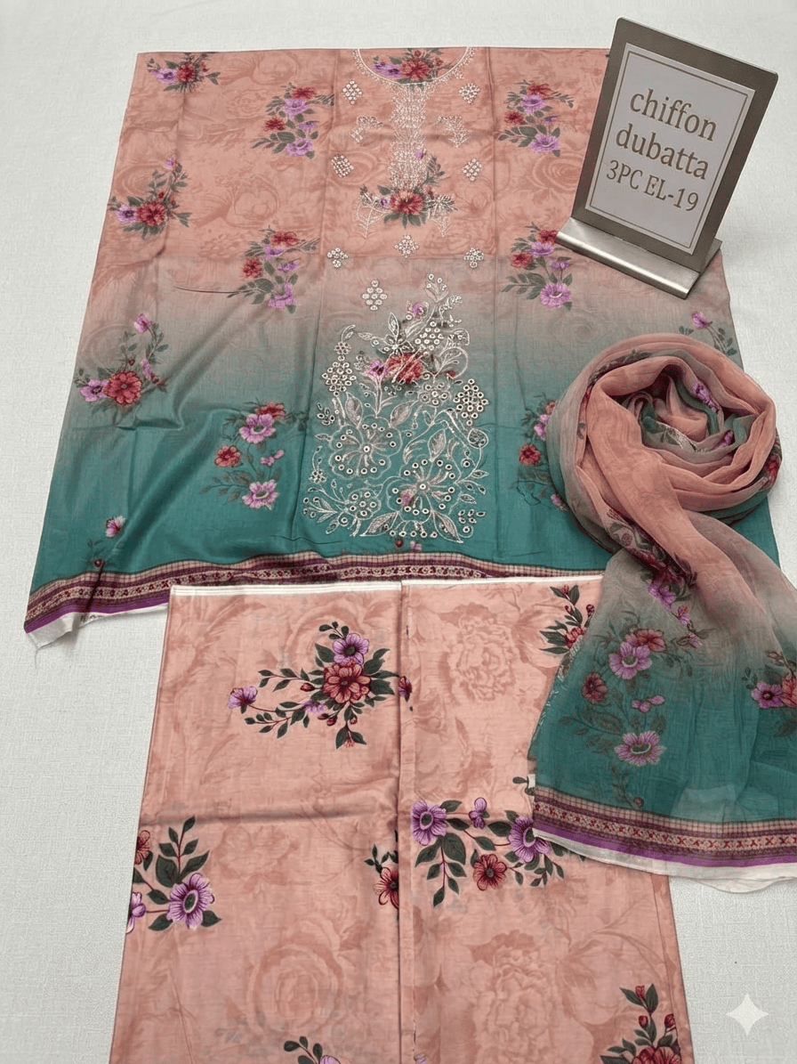 Rose Garden Kurti Chiffon Dupatta 3PC EL- 19 Unstitched - Image 4