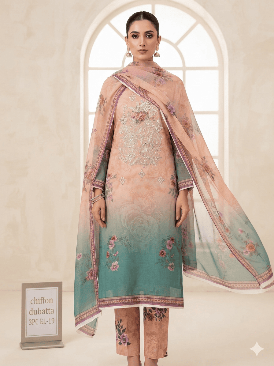 Rose Garden Kurti Chiffon Dupatta 3PC EL- 19 Unstitched - Image 2