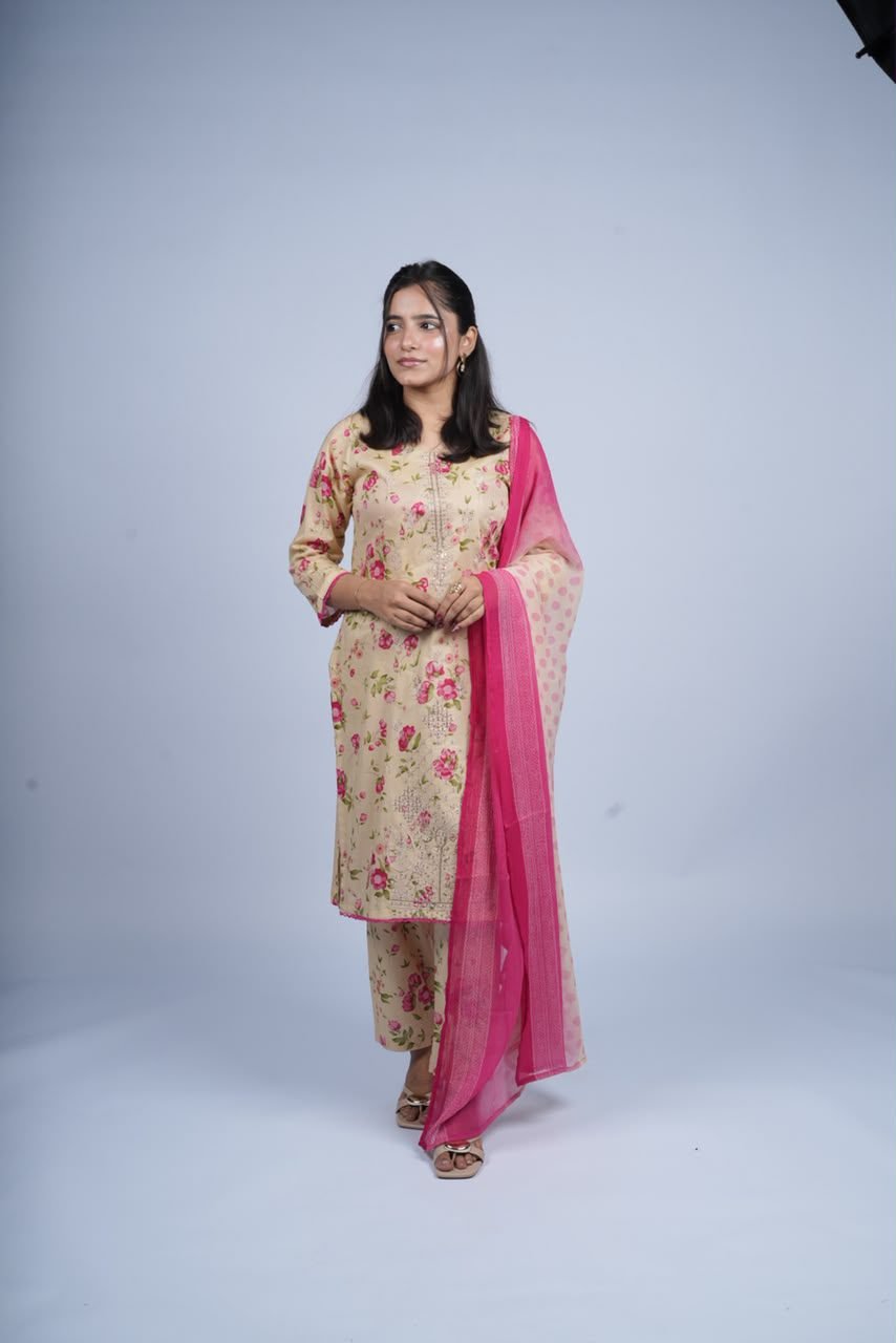 Gul-e-Beige Kurti Unstitched EL-26 3 PC with Chiffon Dupatta - Image 3