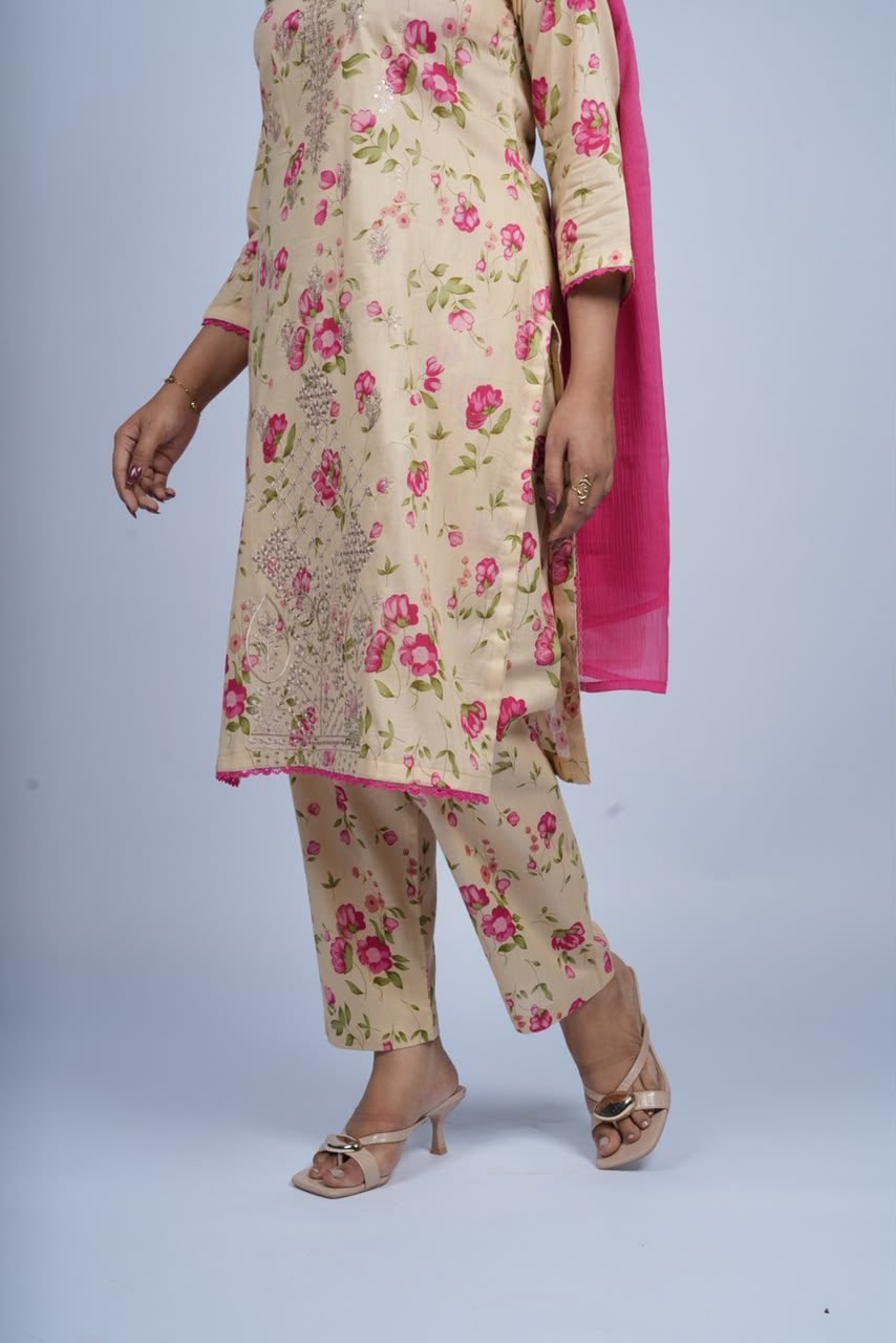 Gul-e-Beige Kurti Unstitched EL-26 3 PC with Chiffon Dupatta - Image 2