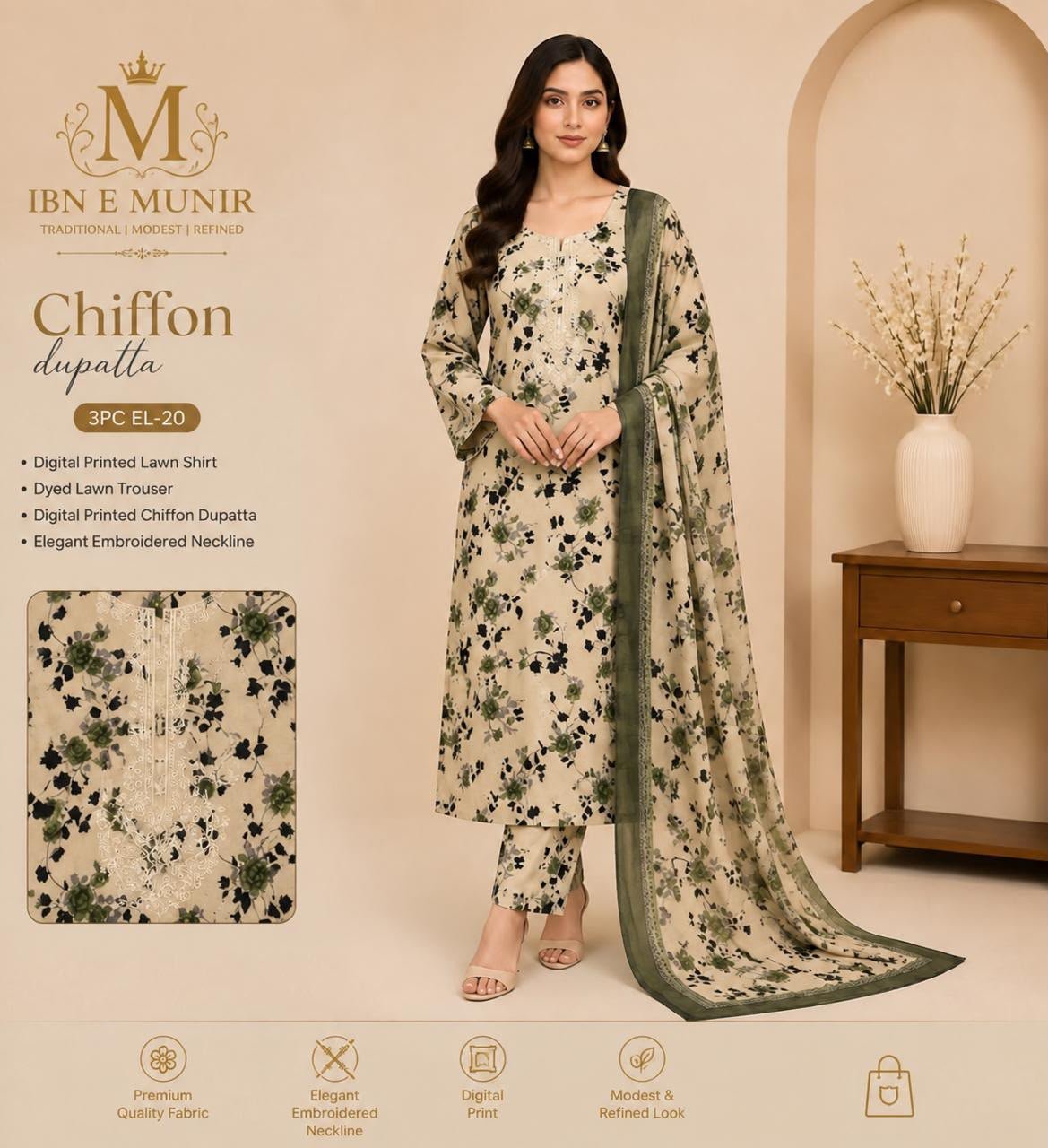 The Essential Kurti Chiffon Dupatta 3PC EL-20 Stitched - Image 3