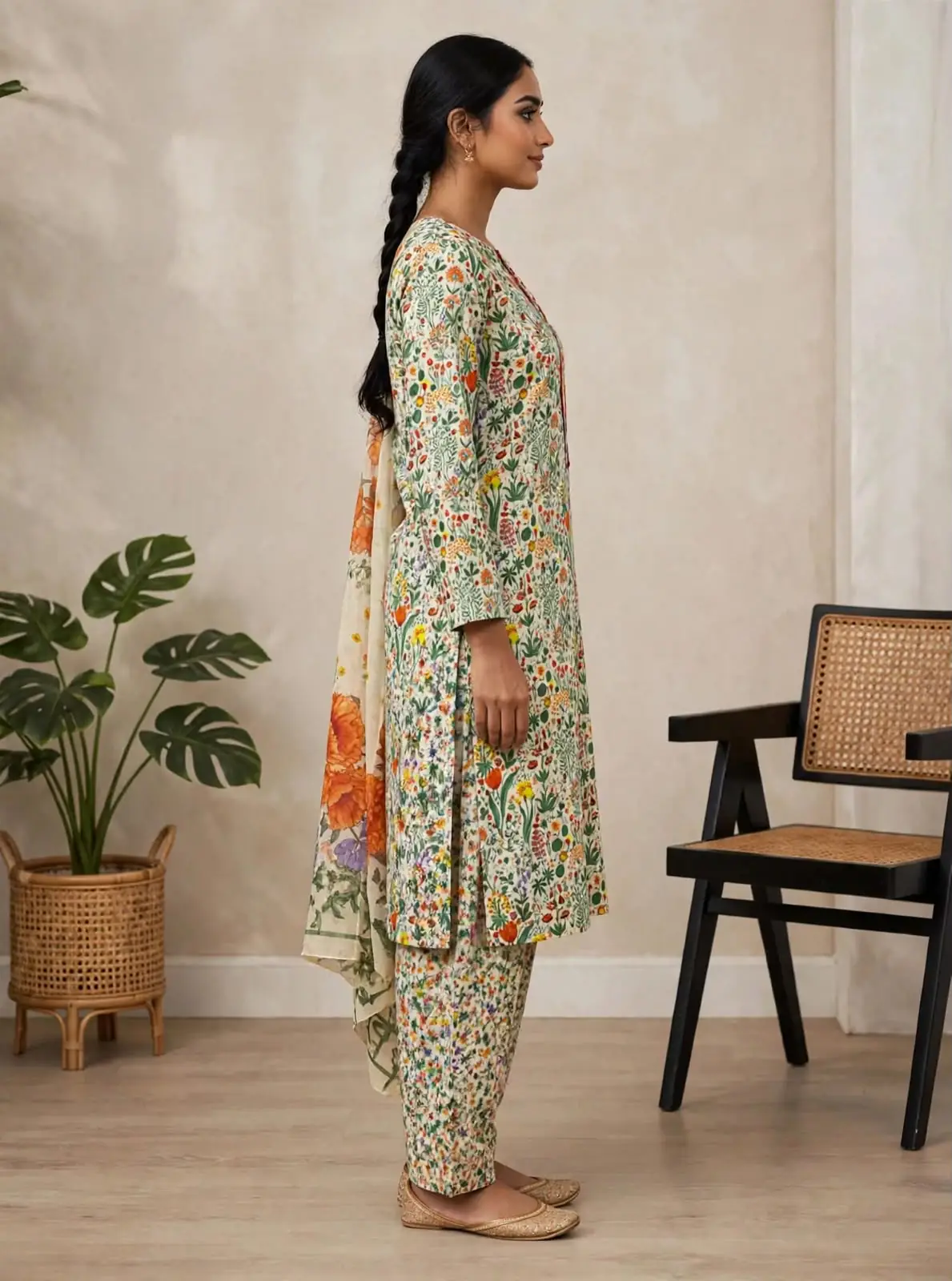 Meadow Print Lawn kurti 3 PC Stitched EL-28 with Chiffon Dupatta - Image 3
