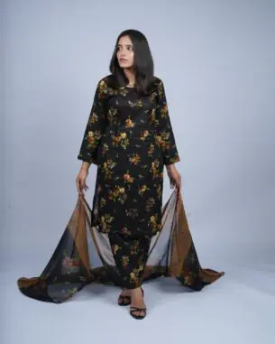 Elegant Classic Brown Kurti Chiffon Dupatta 3PC EL-30 Unstitched