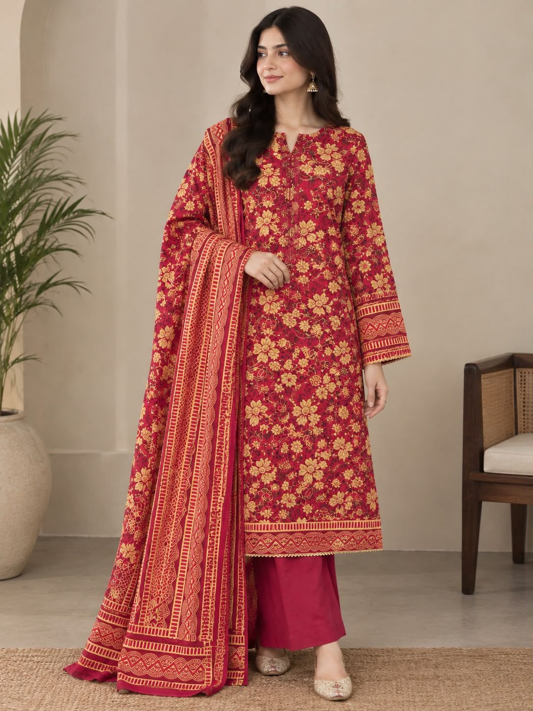 Ivory Rose Kurti 3 PC Unstitched EL-27 with Chiffon Dupatta