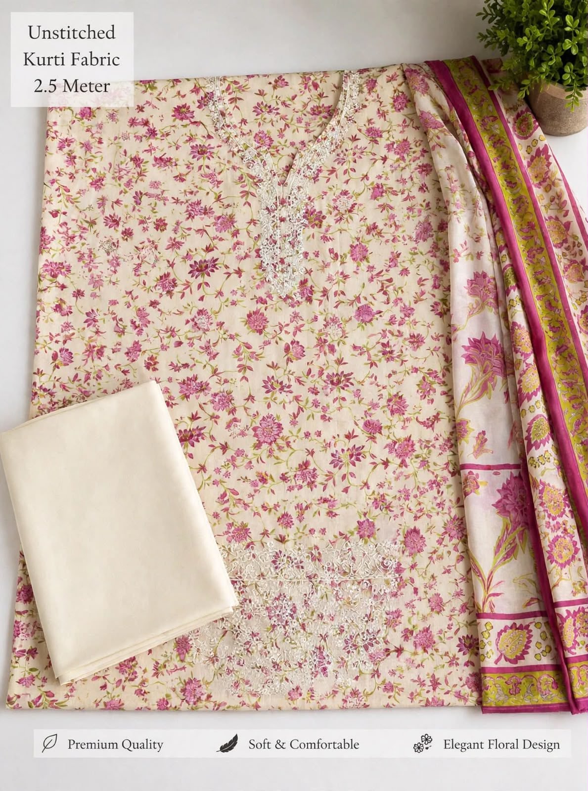 Pastel Flora Embroidered Kurti Lawn Dupatta 3PC EL-1 Unstitched - Image 5